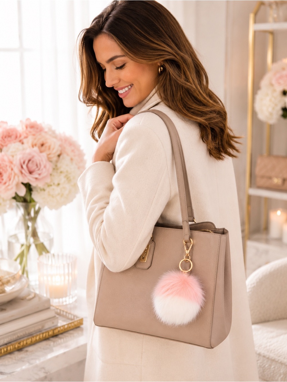 LC LAUREN CONRAD Pink & White Faux Fur Pom Keychain Luxe Bag Charm Fob NWT